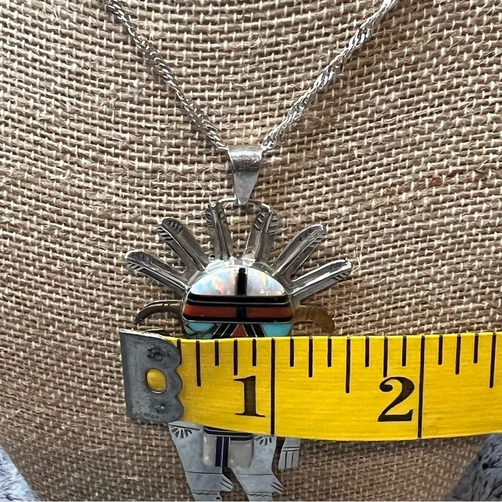 Native American Navajo Turquoise Coral Opal Sterling Silver Kachina Pendant - Picture 4 of 8